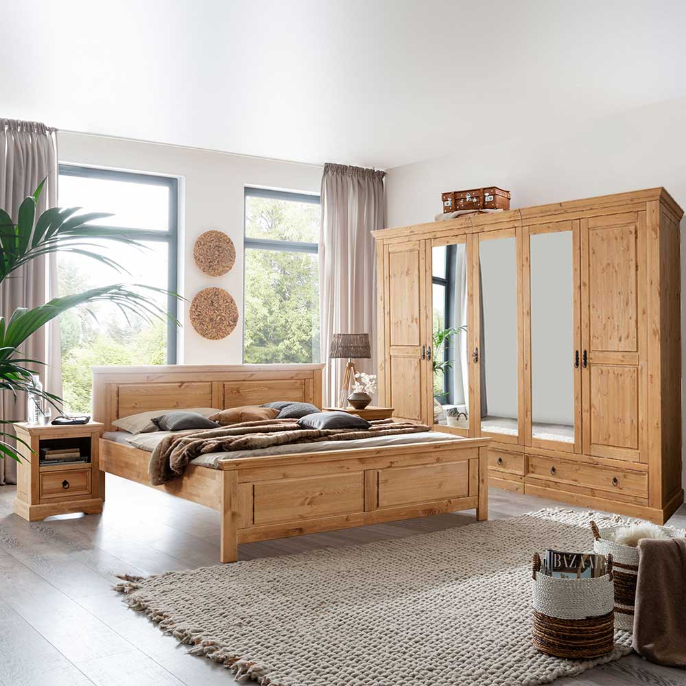 Landhaus Komplett Schlafzimmer Set aus Kiefer Massivholz Voeca