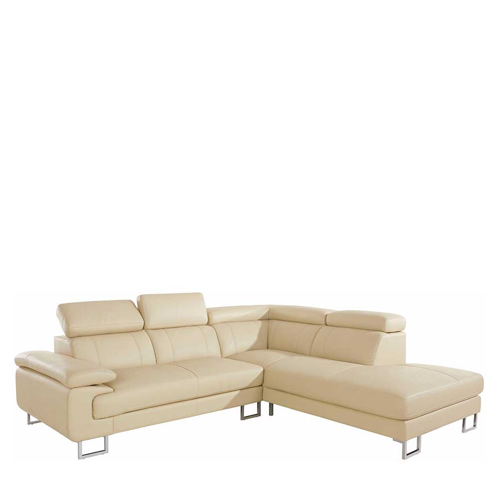 Leder L-Form Couch in Creme & Chrom mit verstellbarer Rückenhöhe Una