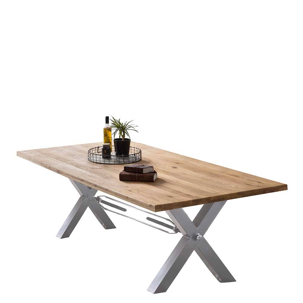 Living Edge Wildeiche Tisch mit X Füßen aus Metall in Silber - 4 Größen Gastruna