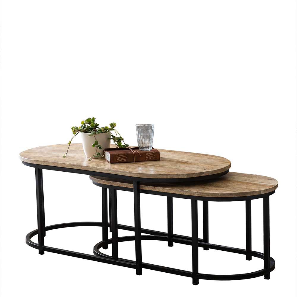 Loft Style Zweisatztisch in Oval aus Massivholz & Metall Emyta