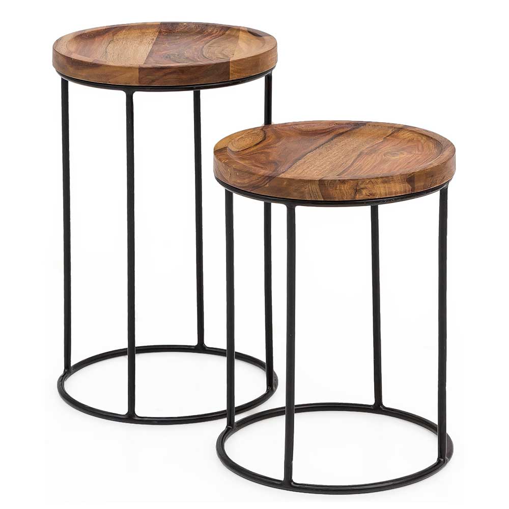 Loft Style Zweisatztisch in Rund aus Holz & Eisen Azama