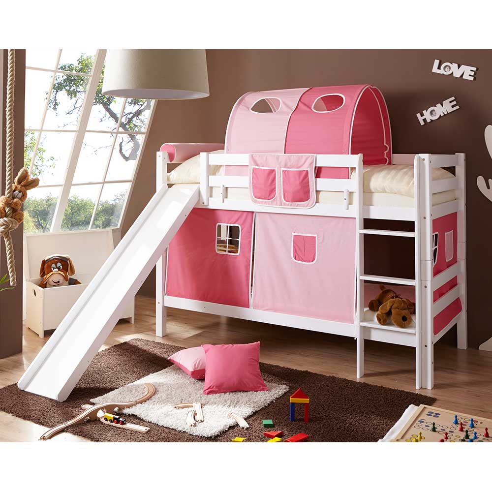 Mädchen Rutsche Stockbett in Weiß Rosa Pink inklusive Stoff Ausstattung Telvo
