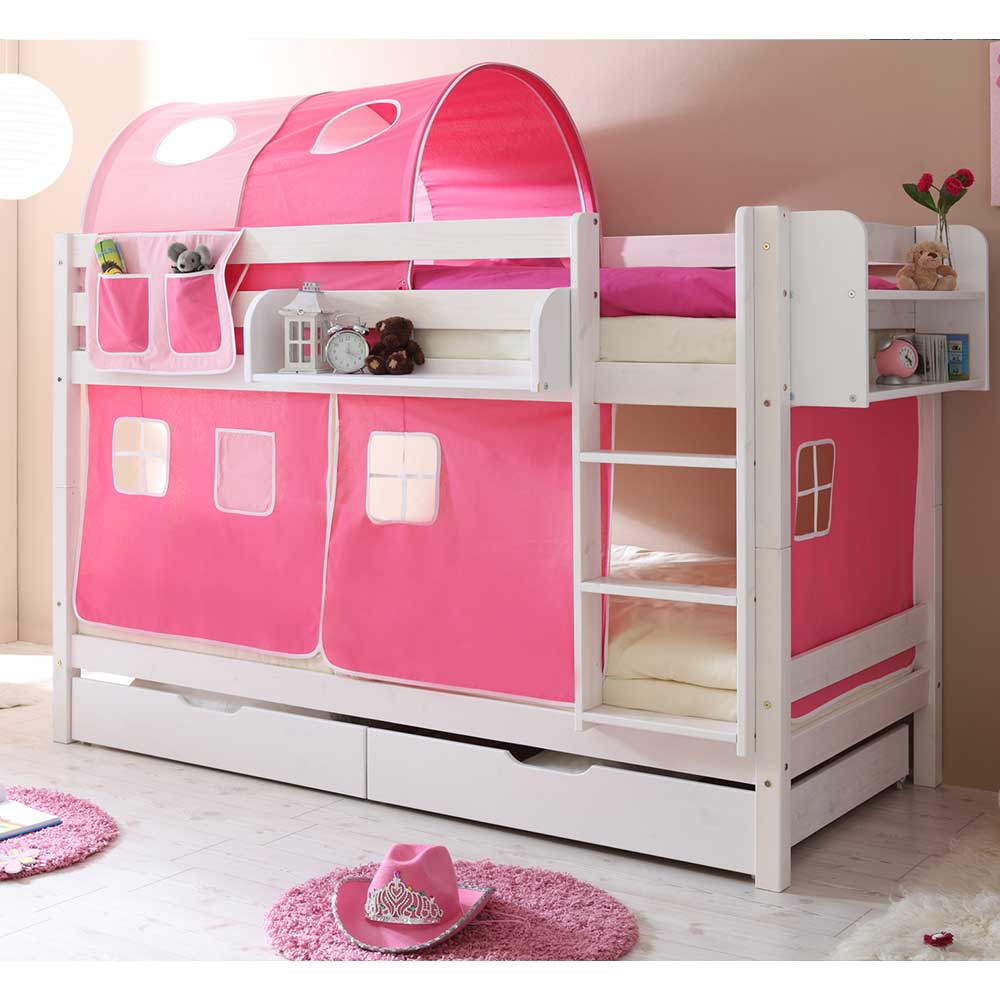 Mädchenzimmer Etagenbett aus weißer Kiefer mit Stoff Rosa & Pink Jionalla