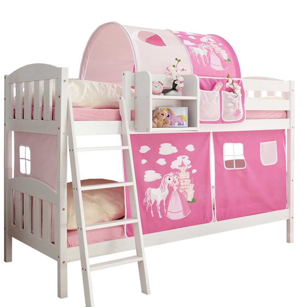 Mädchenzimmer Etagenbett in Weiß mit Pink inklusive Tunnel & Vorhang Cazryn