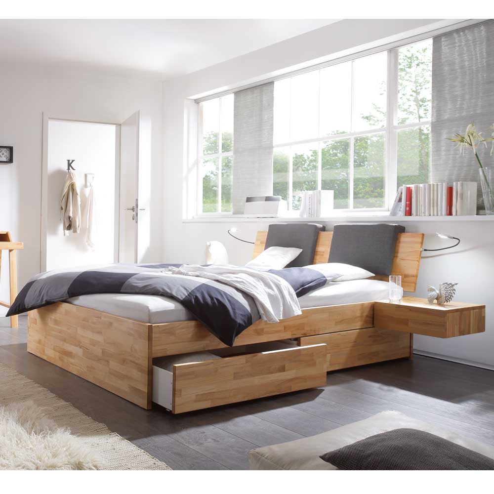 Massivholz-Doppelbett mit Bettschubladen inklusive Nachttisch Brodivana