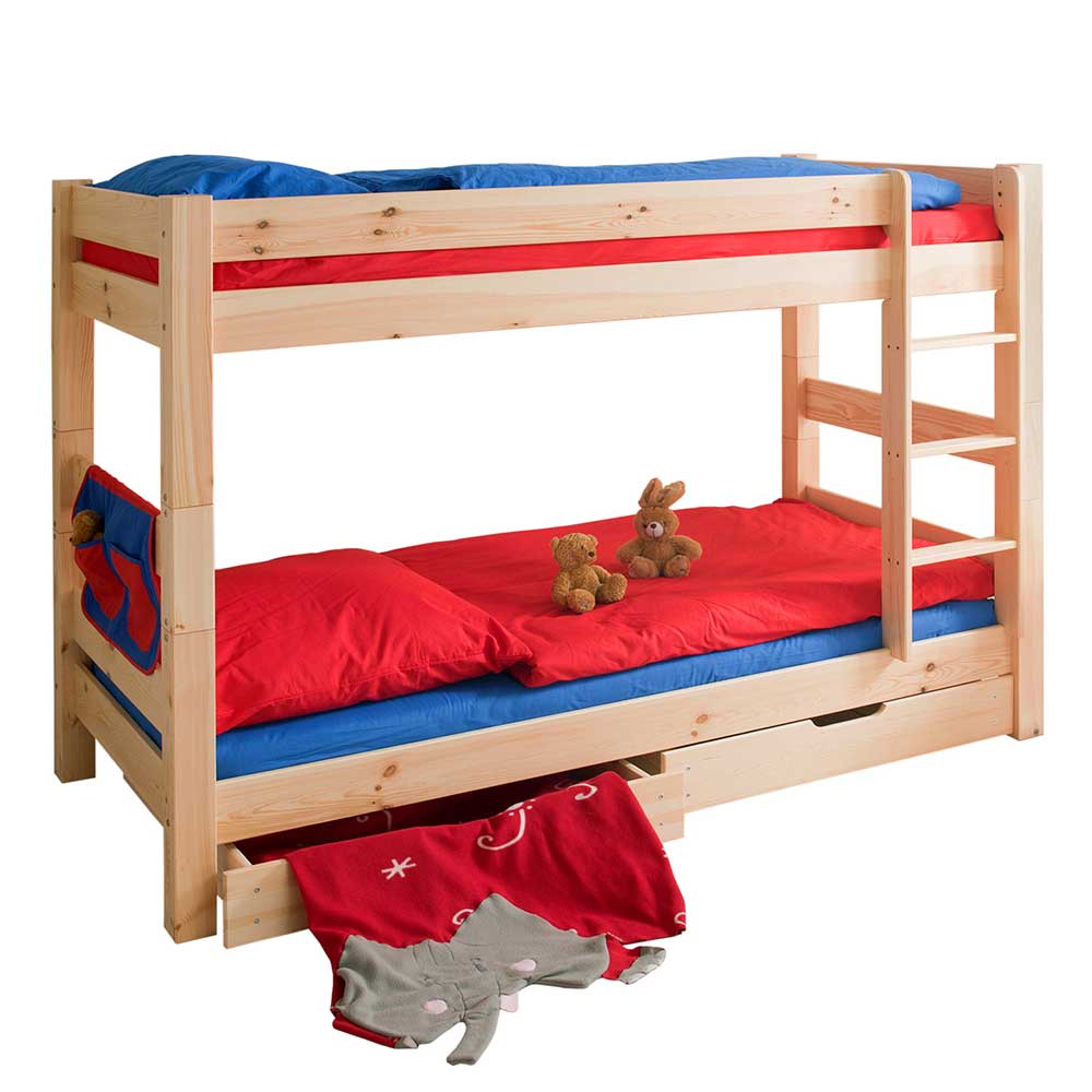 Massivholz Etagenbett mit zwei Bettkästen aus Kiefer Natur lackiert Piave