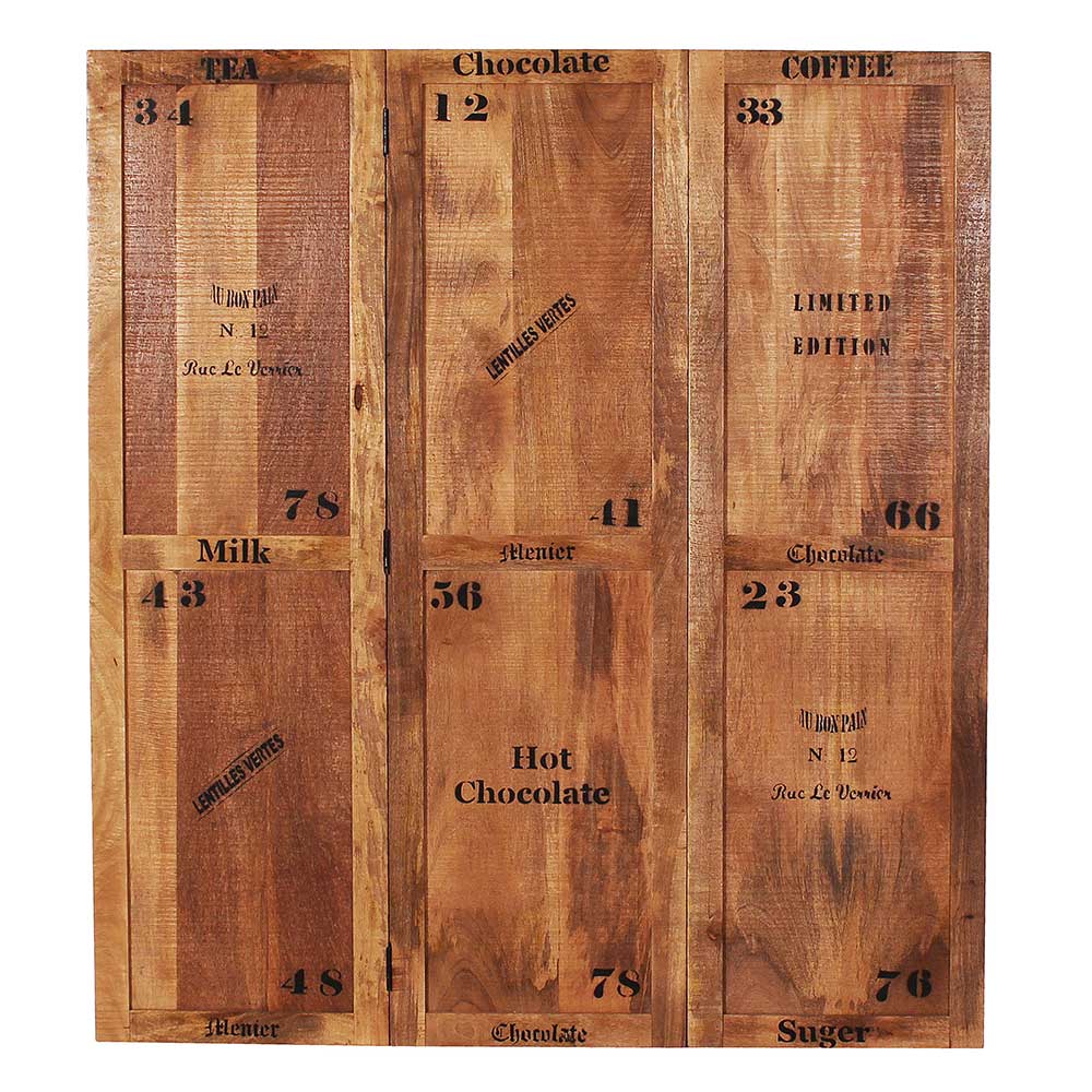 Massivholz Paravent mit Schrift & Zahlen aus drei Elementen - 150x170x3 Indri