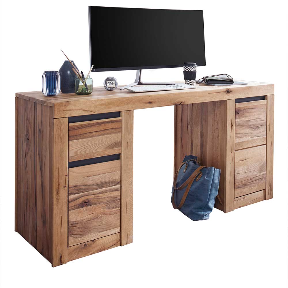 Massivholz Schreibtisch aus Zerreiche & Wildeiche mit zwei Türen & Schublade Nescavan
