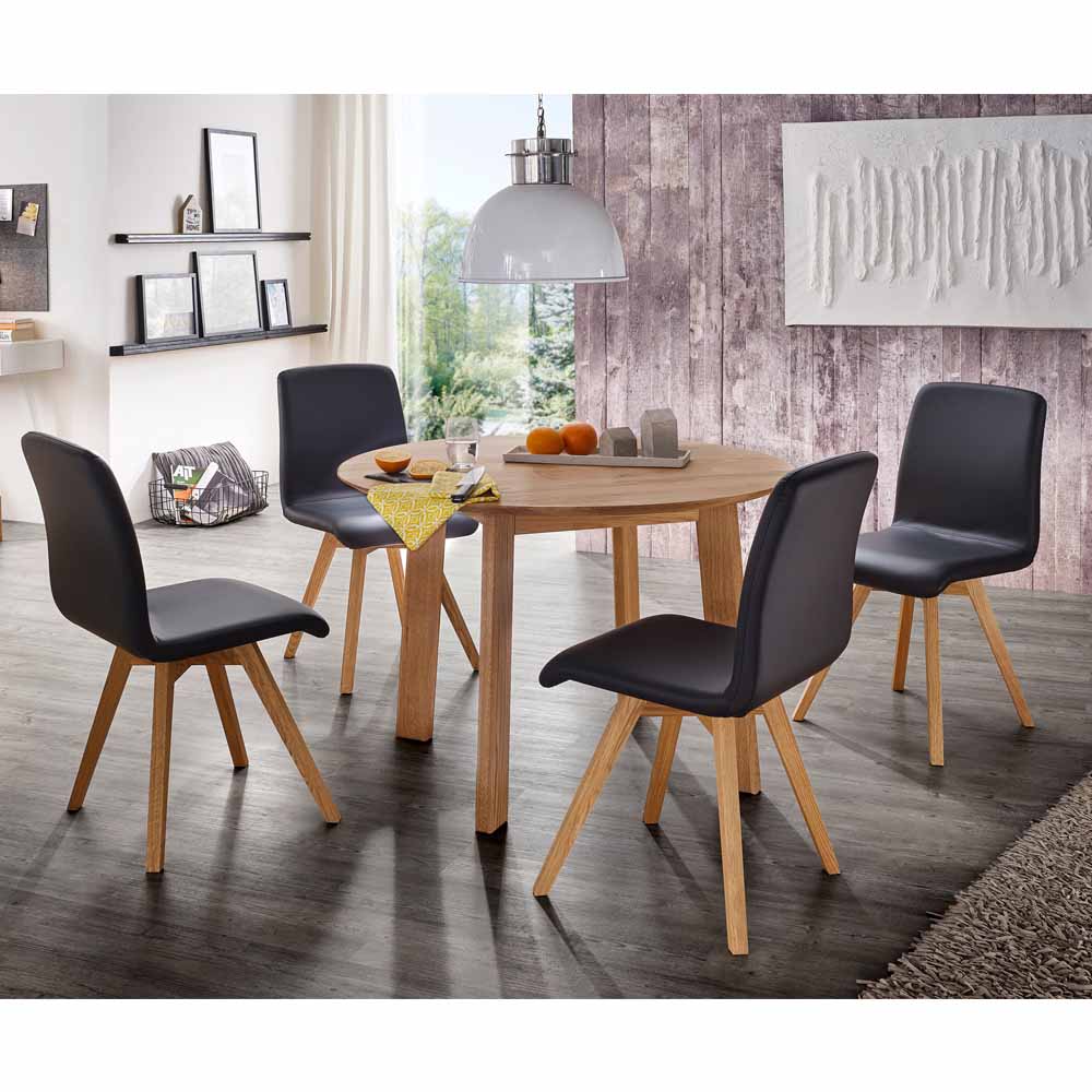 Massivholz Tischgruppe Tisch rund 110cm vier Stühle Kunstleder schwarz Finiossa