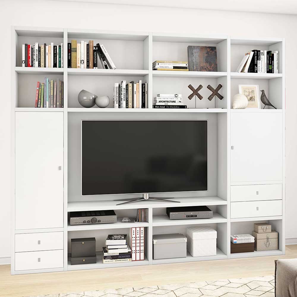 Moderne Fernsehwand in Weiß mit viel Stauraum 265x221x33 cm Maria