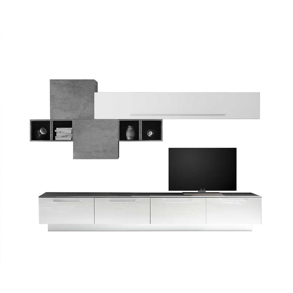 Moderne Wohnzimmer Anbauwand als Set in Weiß Glanz & Beton Dekor Bienta