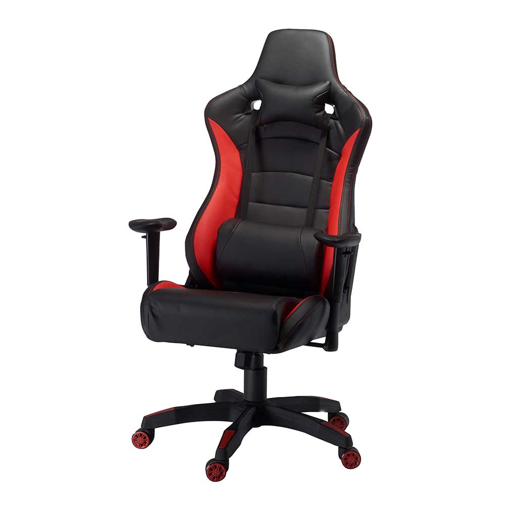 Moderner Gaming Stuhl mit Nacken- & Lendenkissen in Schwarz mit Rot Cancun