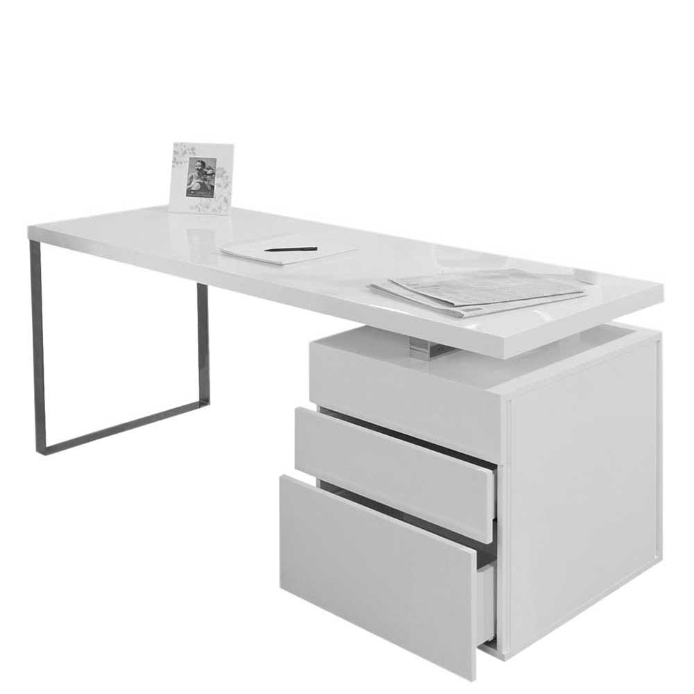 Moderner Hochglanz Schreibtisch mit drei Schubladen in Weiß - 3 Größen Nivatus