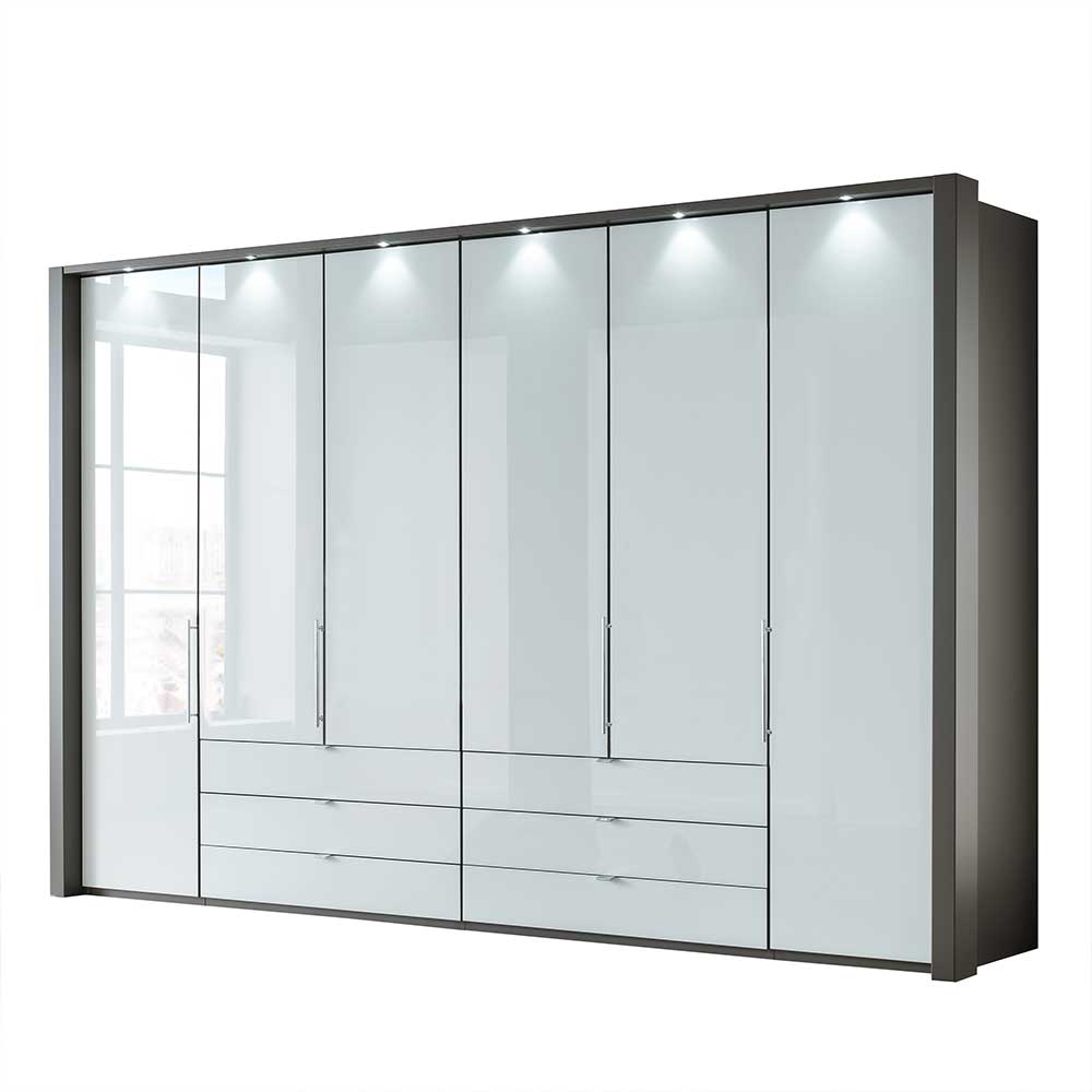 Moderner Kleiderschrank mit Glas Front Weiß & Korpus Braun mit LED Vilana