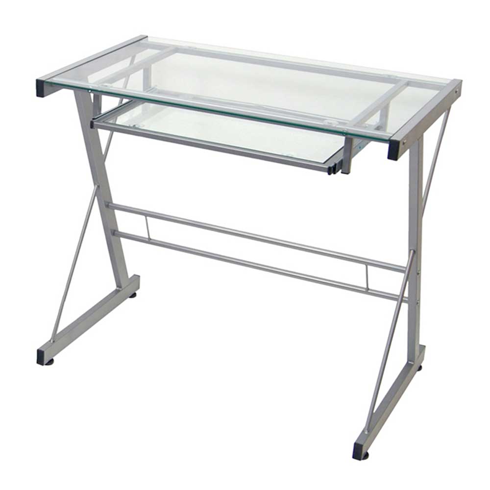 Moderner PC Tisch mit Klarglas Platte & Stahl Kufengestell in Silber Freaky