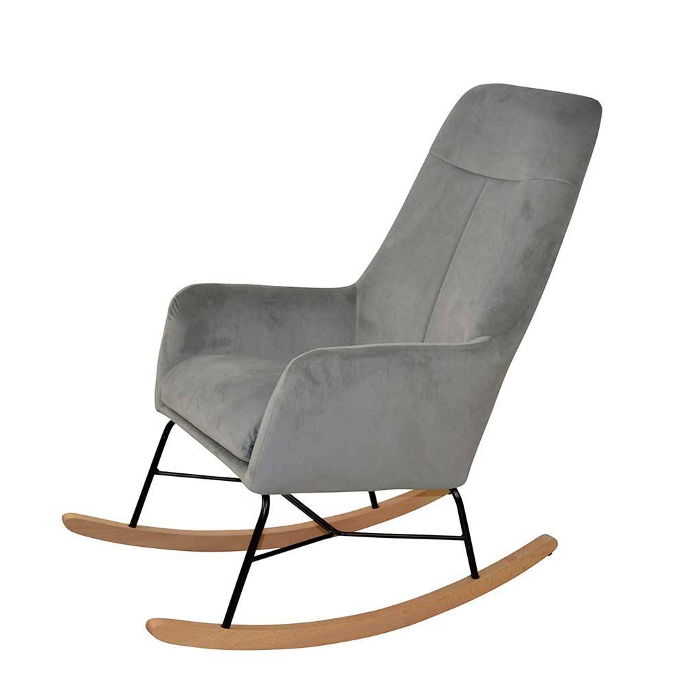 Moderner Schaukelstuhl aus Samt in Grau mit Unterbau aus Holz & Metall Cenka