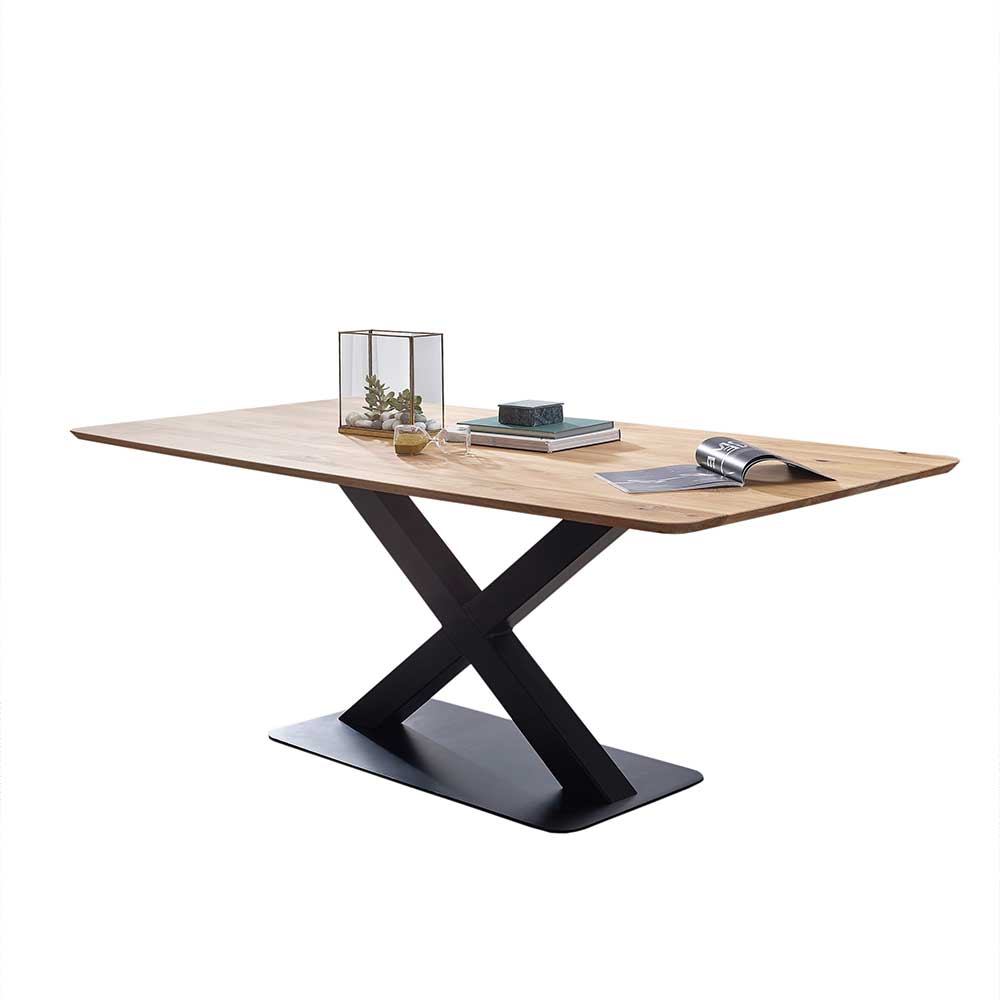 Moderner Wildeiche Tisch mit X-Fuß Gestell aus Metall in Schwarz Saye