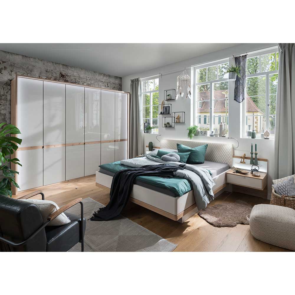 Möbel Schlafzimmer Set modern in Beige Glas & Eiche Bianco Crascanu