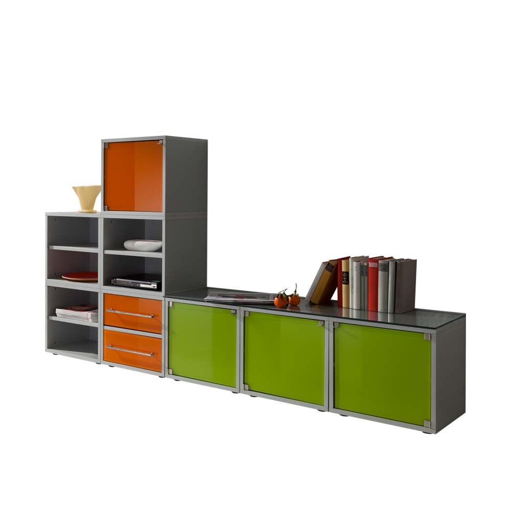 Möbel Set für Wohnraum & Büro in Silber & Grün & Orange Presoma