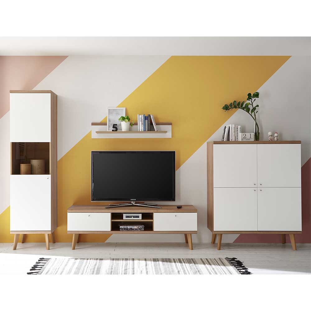 Möbel Wohnwand Kombi im Skandi Design in Weiß & Eiche Cablos