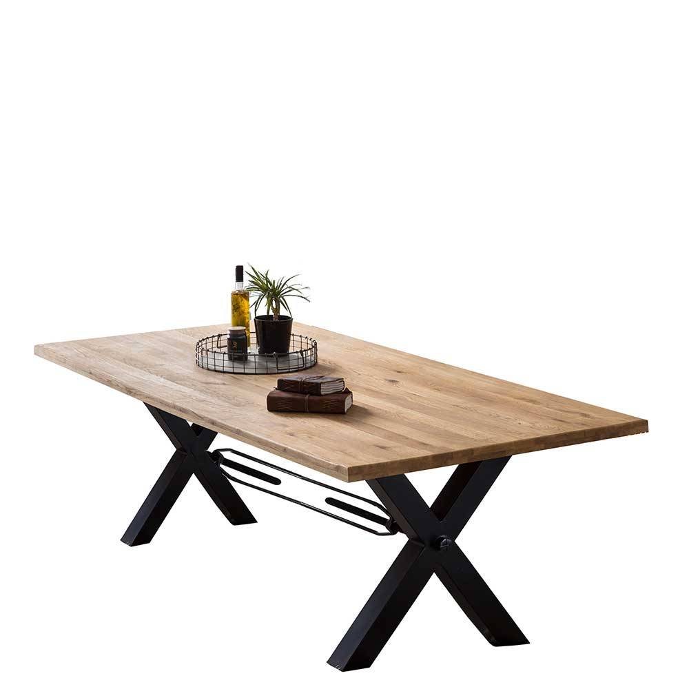 Naturkante Holztisch Wildeiche mit X Füßen in Schwarz aus Metall Ascolano