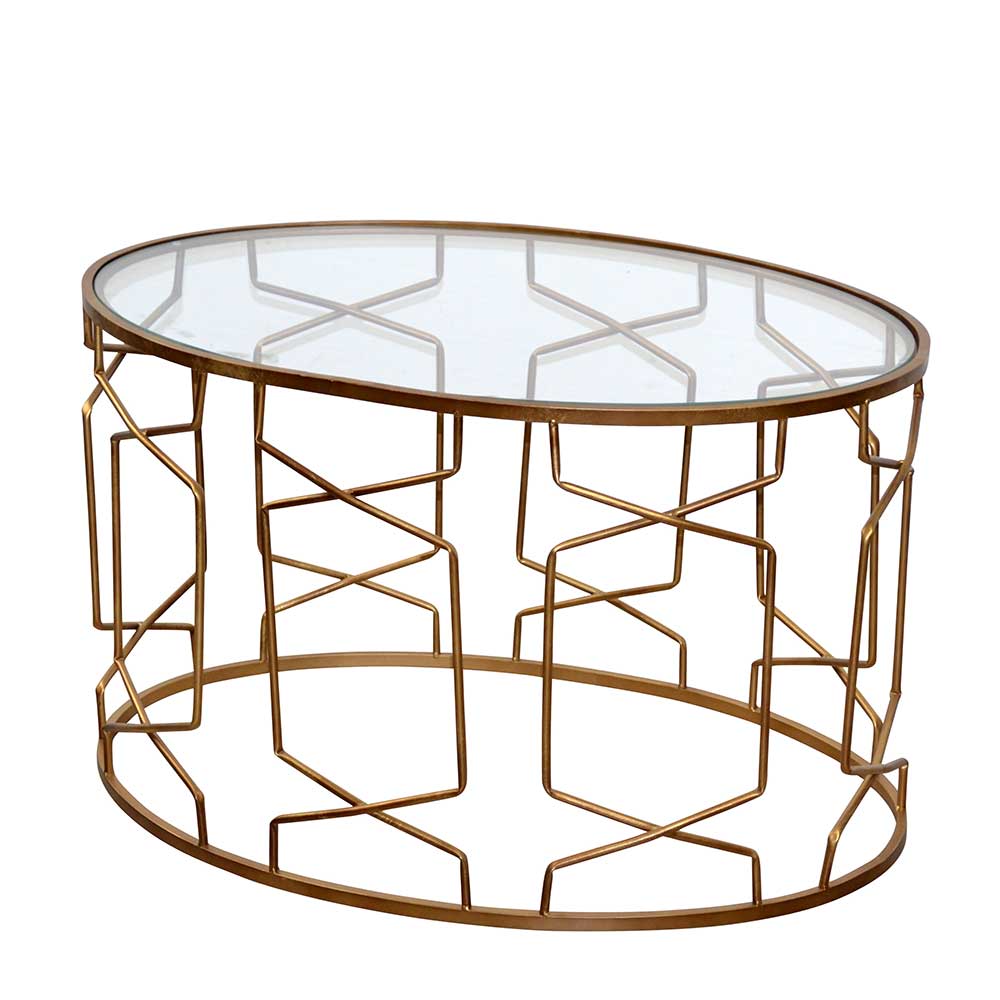 Ovaler Design Couchtisch aus Klarglas auf Säulengestell aus Metall in Gold Arsenal