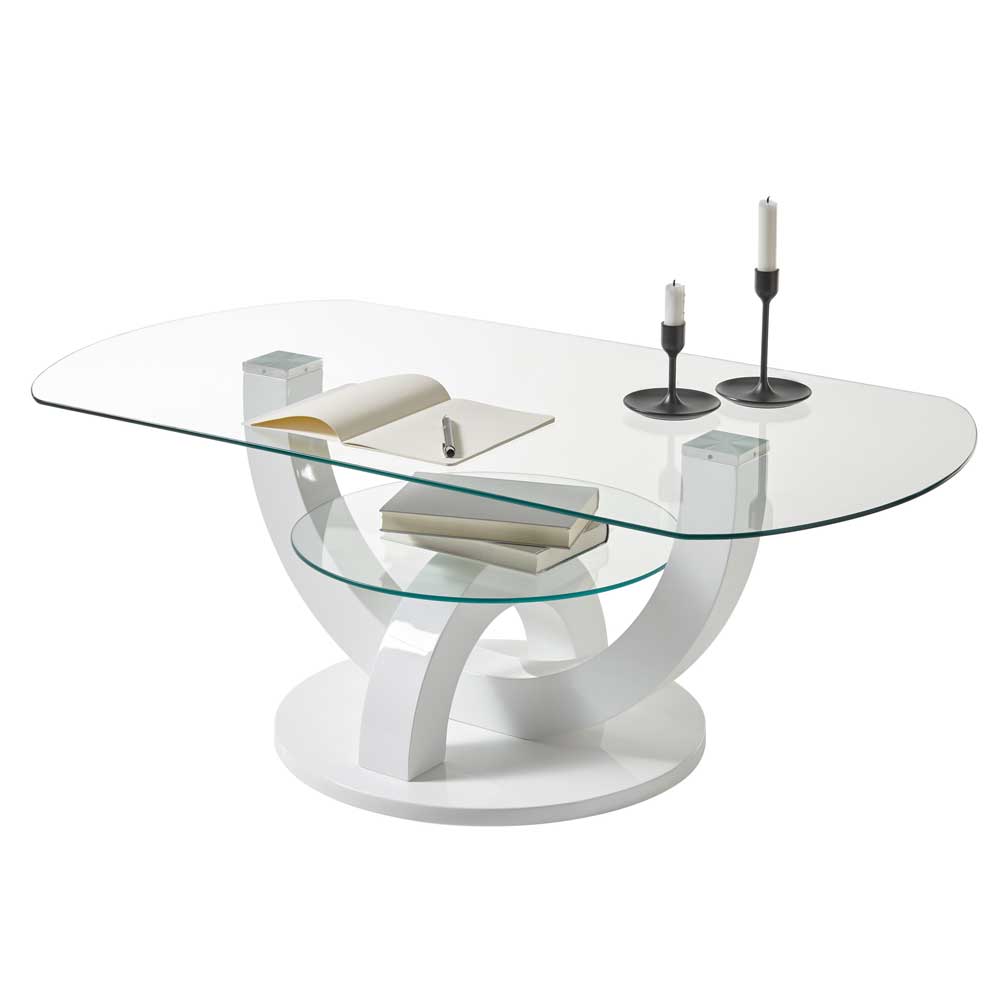 Ovaler Design Glastisch fürs Wohnzimmer mit Gestell Weiß Hochglanz Trucos