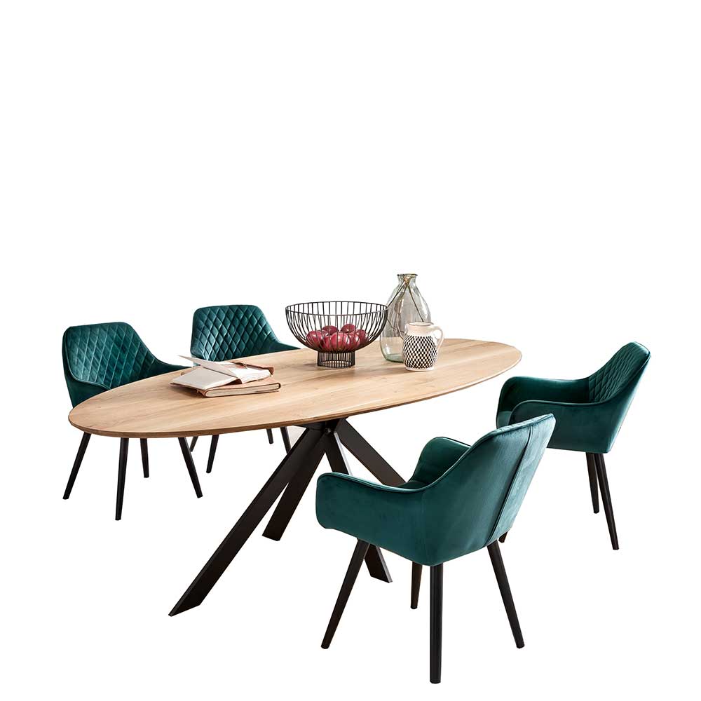 Ovaler Tisch mit 4 Stühlen in Dunkelgrün Redros
