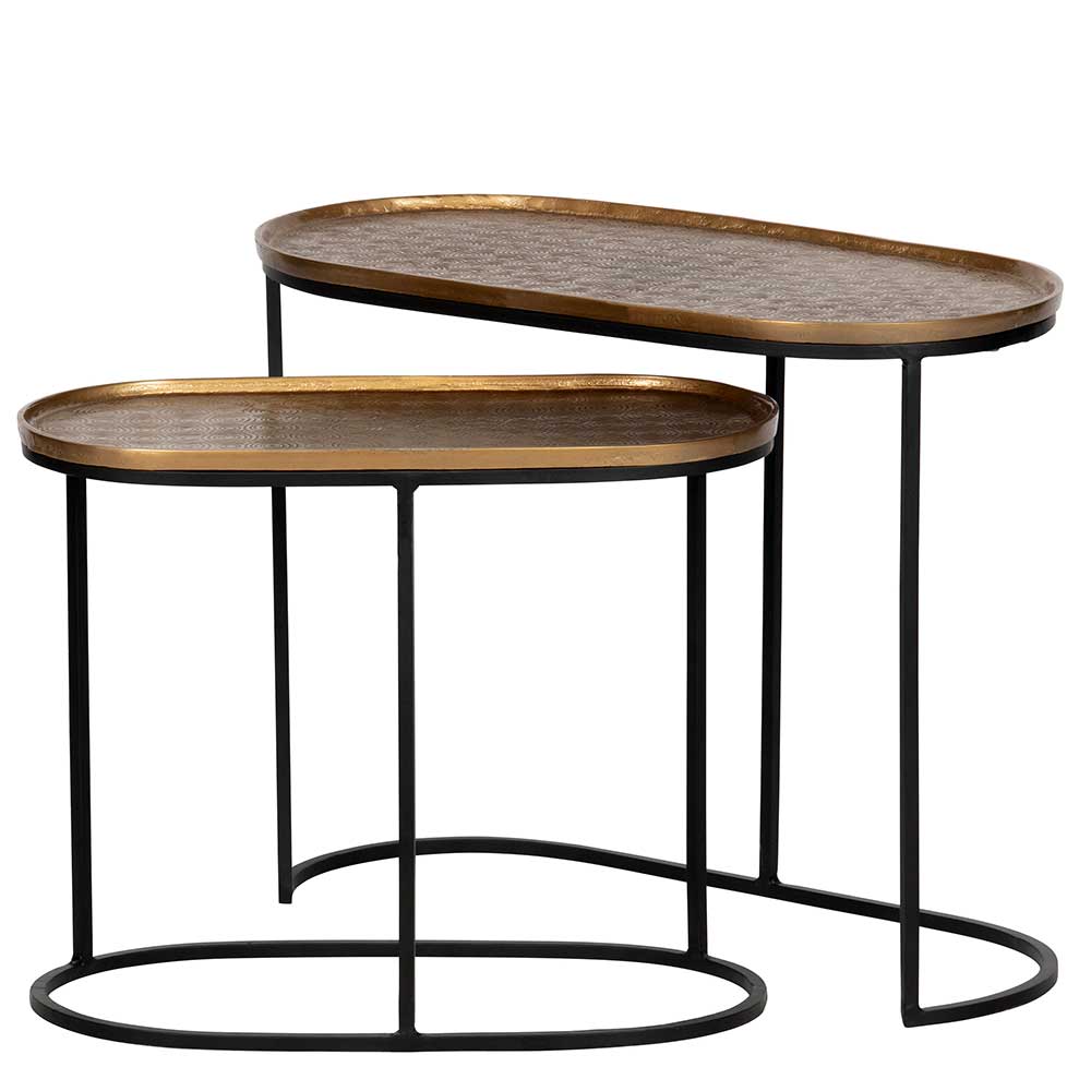 Ovaler Zweisatztisch aus Metall in Messingfarben & Schwarz Ropezca