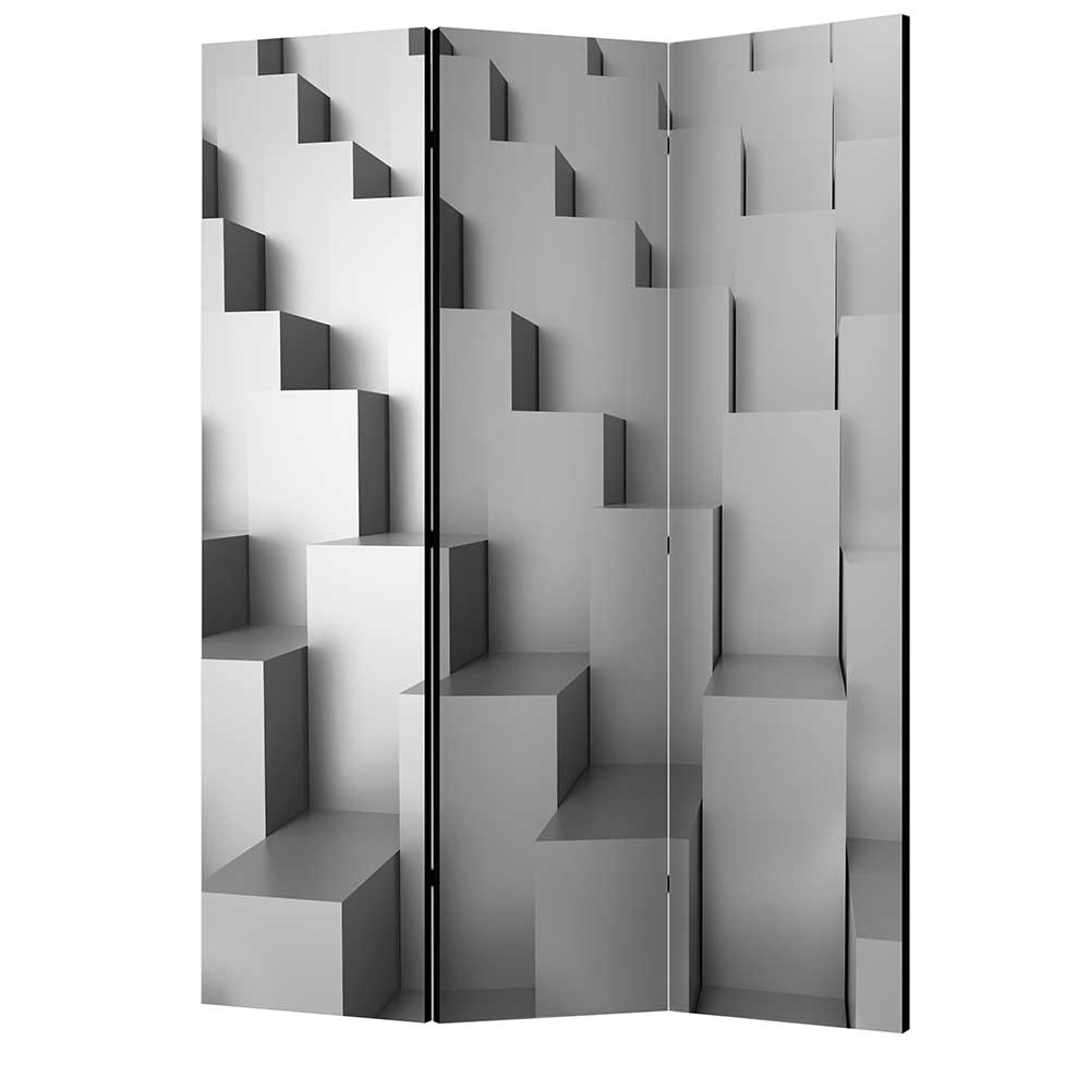 Paravent aus Leinwand auf Fichtenholz mit Printmotiv 3D Weiß Grau Jawalio