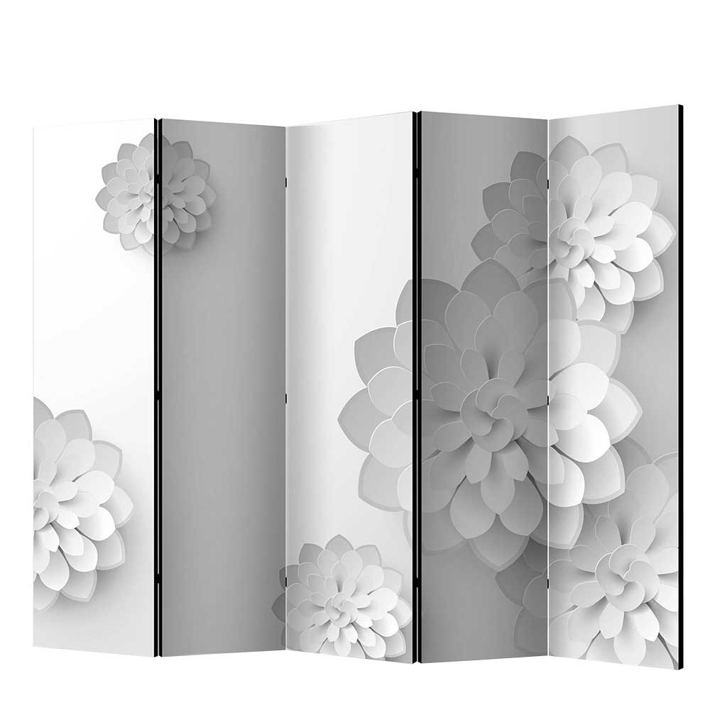 Paravent mit Blumen Motiv in Weiß & Hellgrau - bedruckte Leinwand auf Holzrahmen Monca