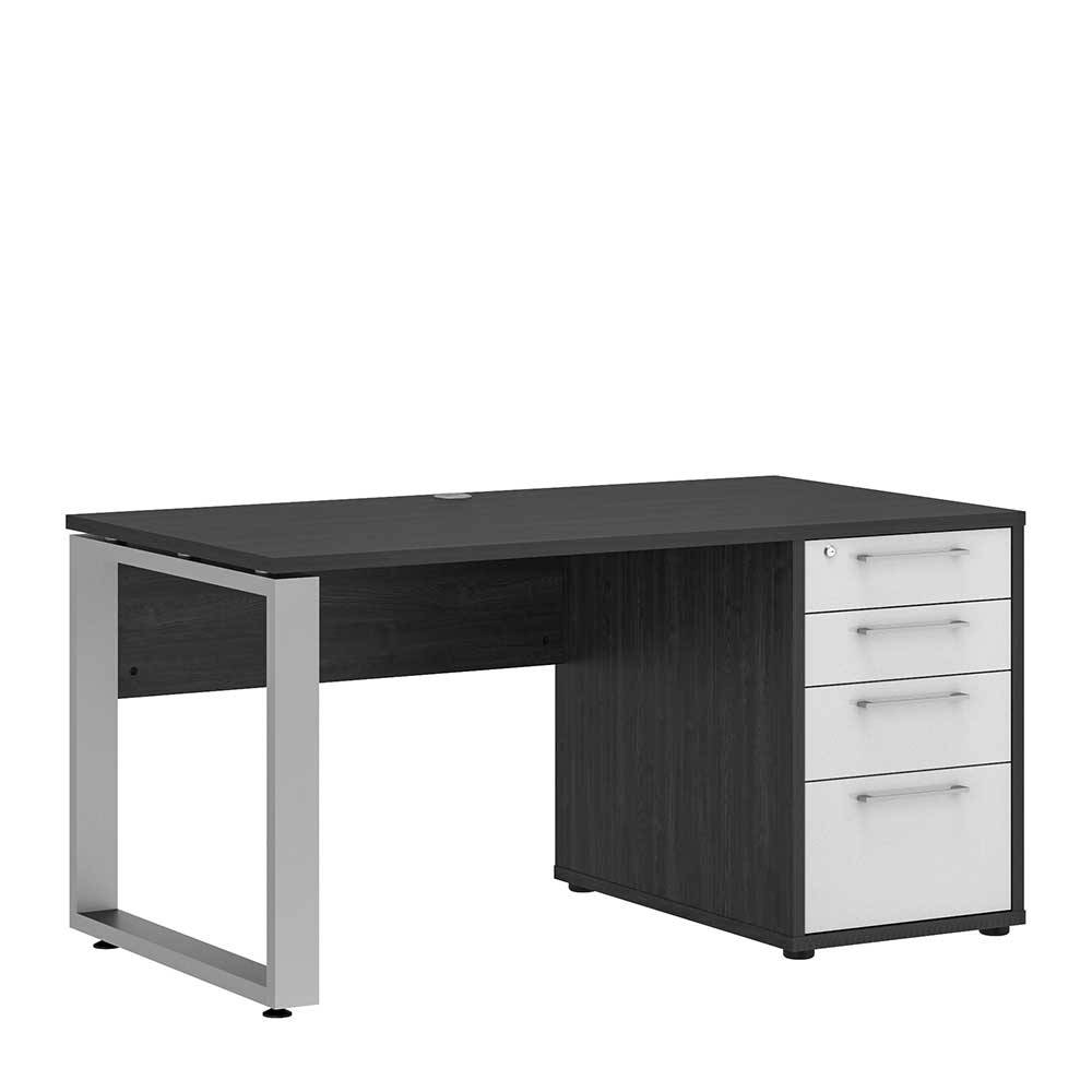 PC Schreibtisch in Weiß Hochglanz & Eiche Grau mit vier Schubladen Xena