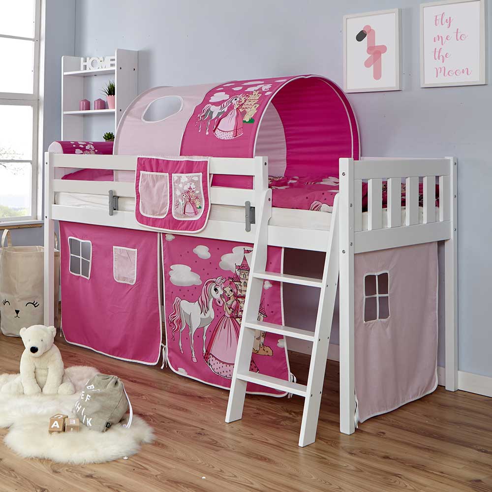 Pferde Kinderzimmer Hochbett in Weiß mit Stoff-Set in Pink Rosa Atia