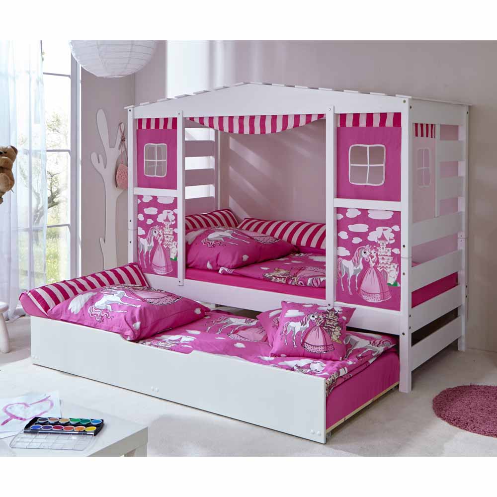 Pinkes Prinzessinnen Bett in 90x200 mit Ausziehbett Nostalc