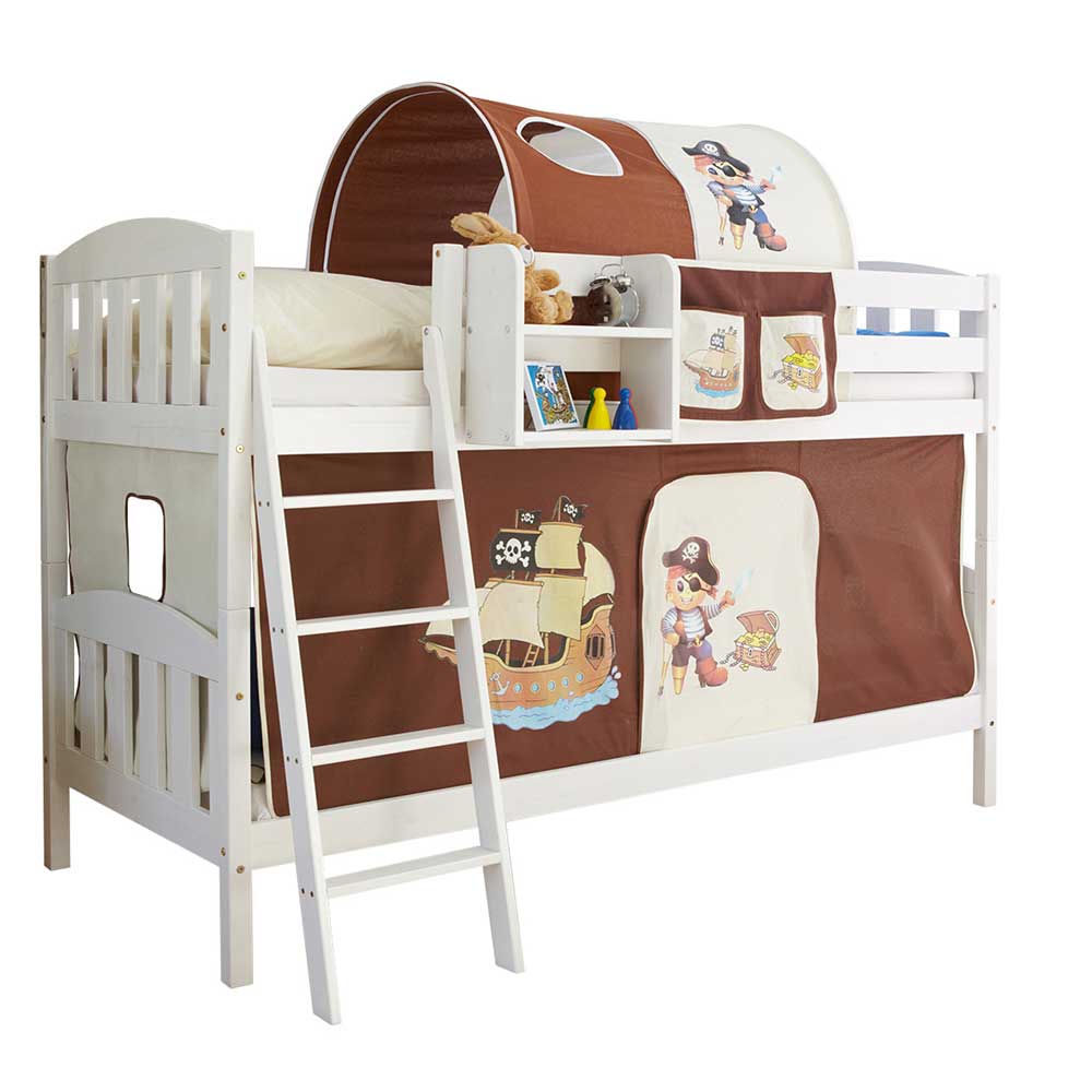 Piraten Kinderzimmer Etagenbett in Weiß mit Stoff Ausstattung in Braun Alino