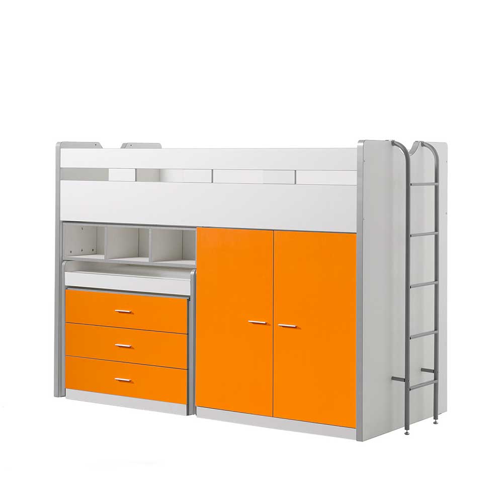 Platzsparendes Hochbett in Weiß & Orange mit Schreibtisch & Schrank Moonio I