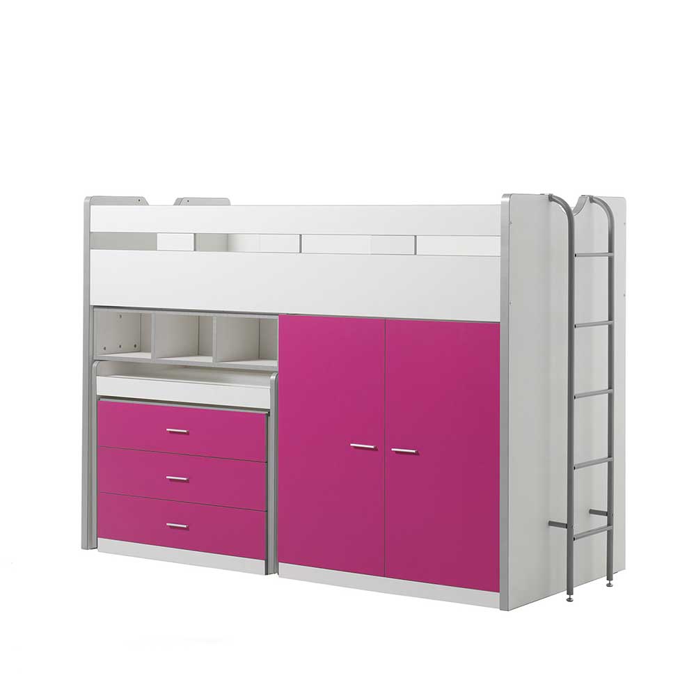 Praktisches Hochbett in Pink & Weiß mit Stauraum & Schreibtisch Nina I