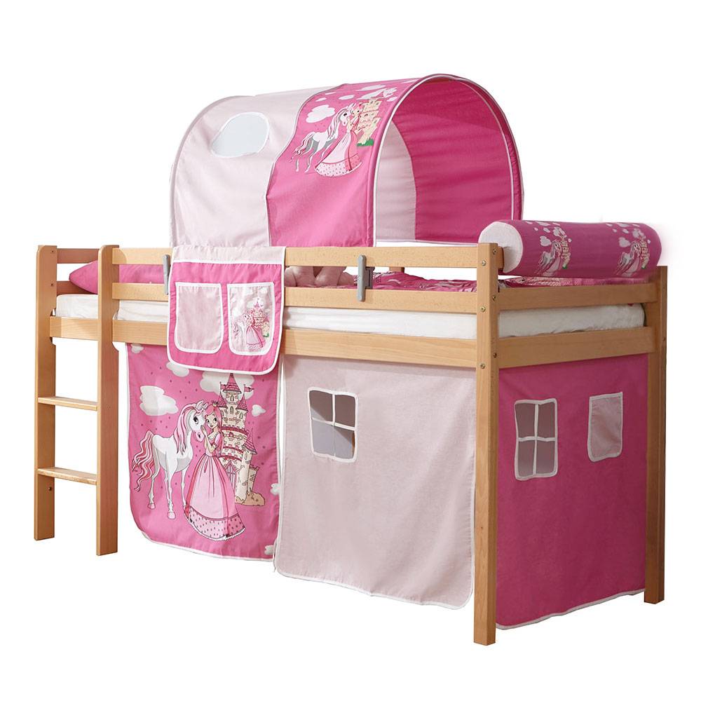 Prinzessin Spielbett für Kinder als Hochbett aus Buche mit Stoff Pink Linette