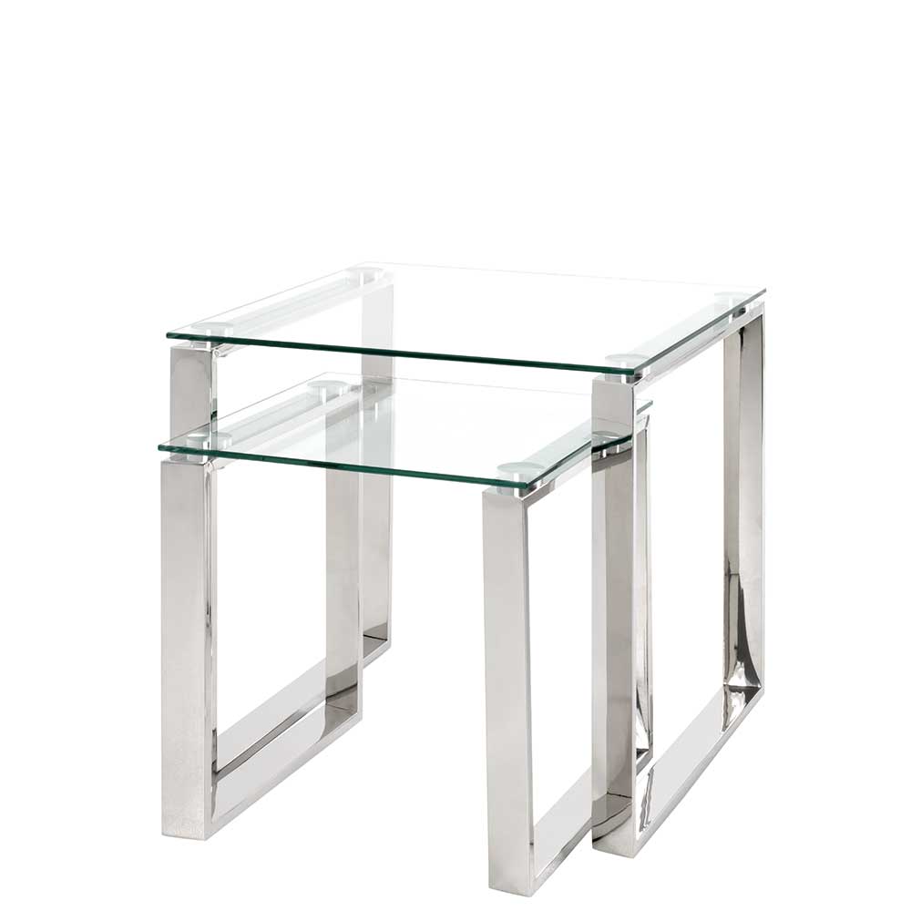 Quadratischer Satztisch aus Glas & Edelstahl Bügelgestell Gatria