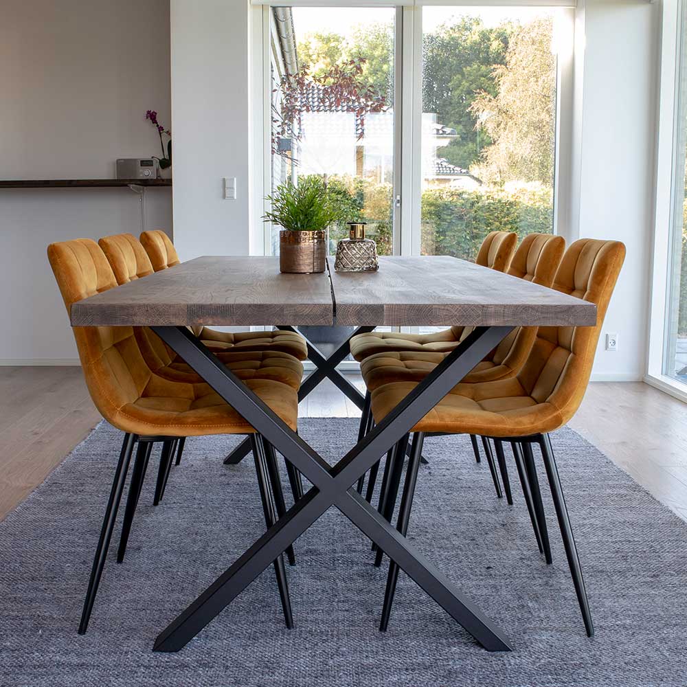 Räuchereiche Tisch & 6 Stühle in Ocker & Schwarz Alouis