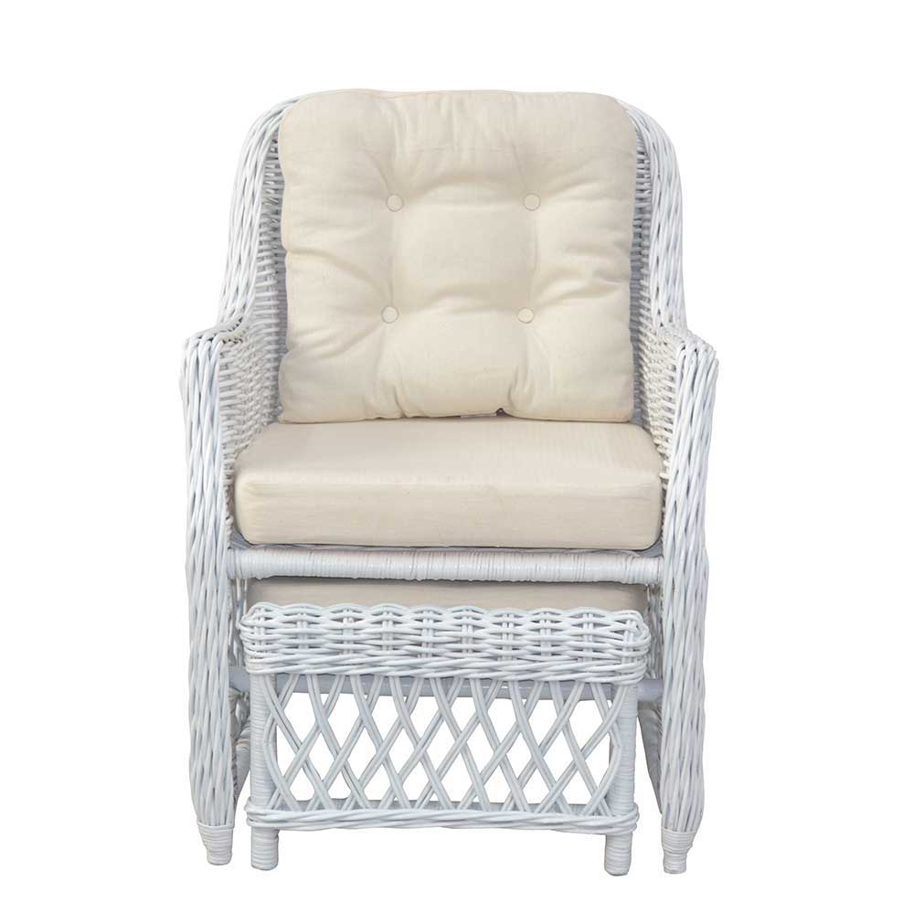 Rattan-Sessel in Weiß mit ausziehbarem Fußteil Tanko