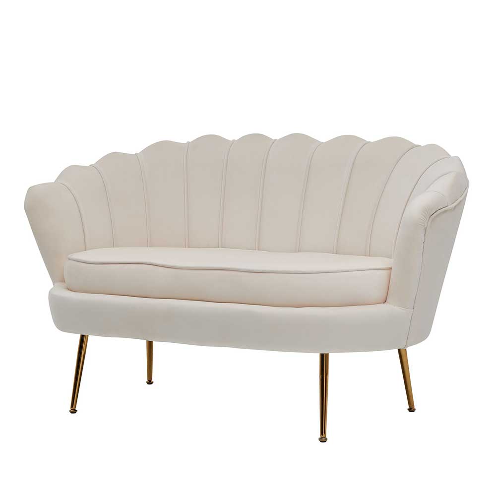 Retro Sofa aus Samt in Weiß - Muscheldesign - mit Metall in Gold Aleston
