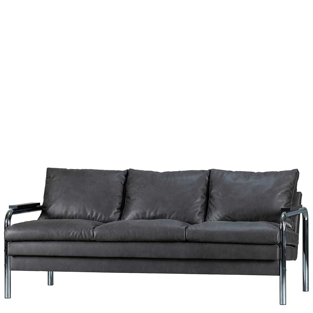Retro Sofa mit Metallgestell in Chrom & Microfaser Stoff in Grau Maidino