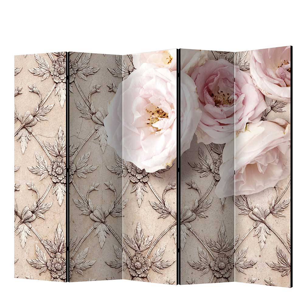 Romantisch bedruckter Paravent mit Blüten Motiv in Rosa & Beige Benns