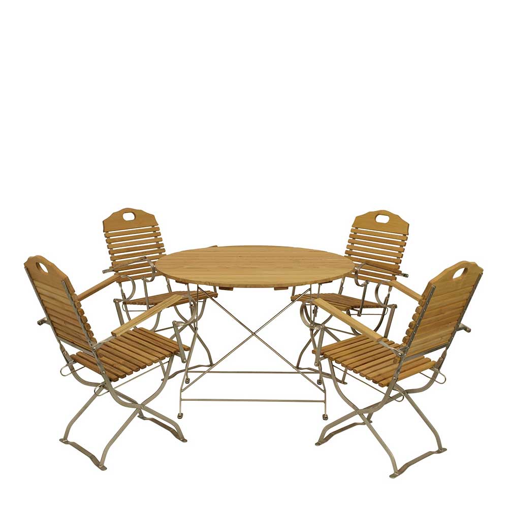 Runde Tischgruppe für den Garten aus Holz & Stahl - klappbar Champagne