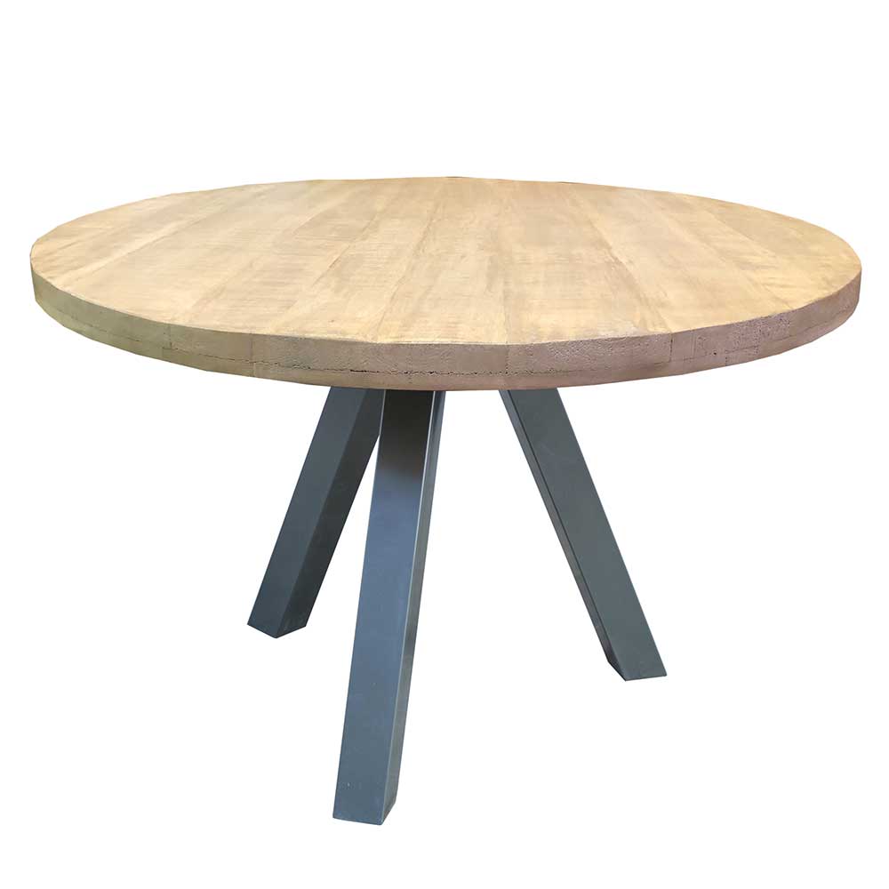 Runder Esstisch mit Holzplatte Mango & Gestell Stahl in Altsilber Belafoma