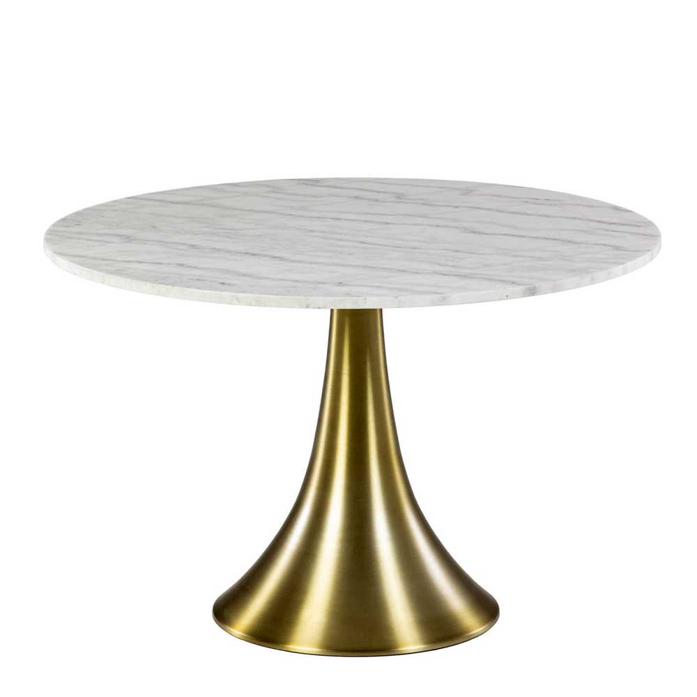 Runder Esszimmer Tisch in Marmor Optik & Gold Trompetenfuß aus Metall Sitra