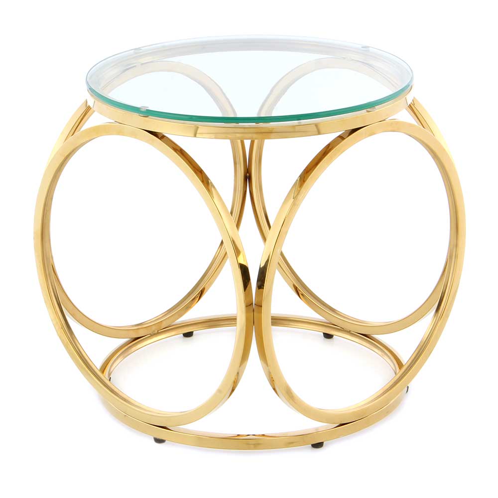 Runder Glas Beistelltisch mit Ring Gestell in Gold aus Edelstahl Cominios