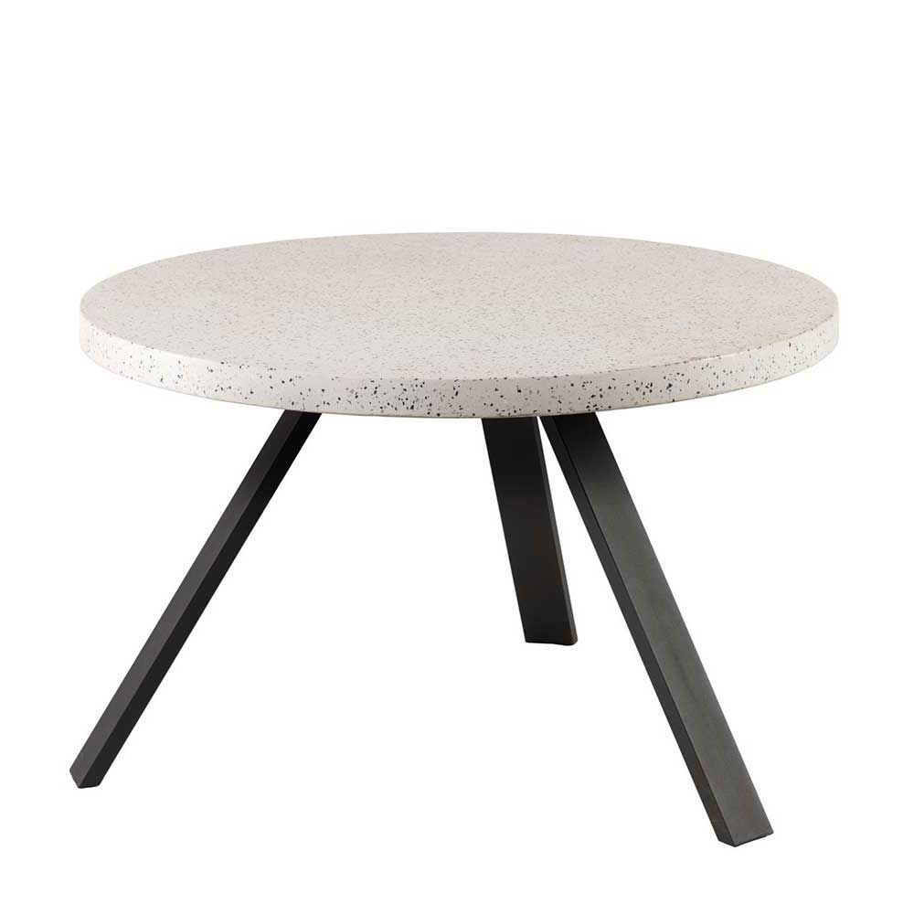 Runder Tisch aus Terazzo in Weiß mit Stahl Dreifußgestell in Schwarz Vieldro
