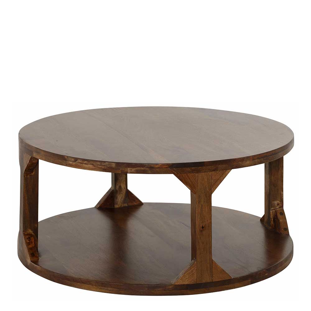 Runder Wohnzimmer Tisch in 60cm oder 90cm mit Ablage aus Mango in Braun Laxie